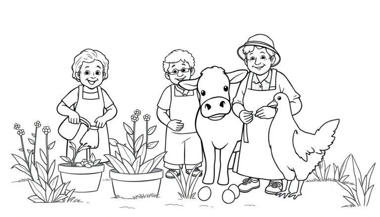 Kleurplaat van een boerderij met ouderen en een kalf.