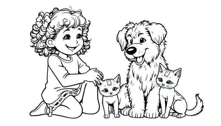 Kleurplaat van een meisje dat met een hond en katten speelt.