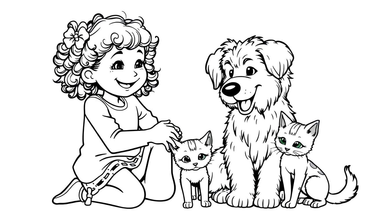 Kleurplaat van een meisje dat met een hond en katten speelt.