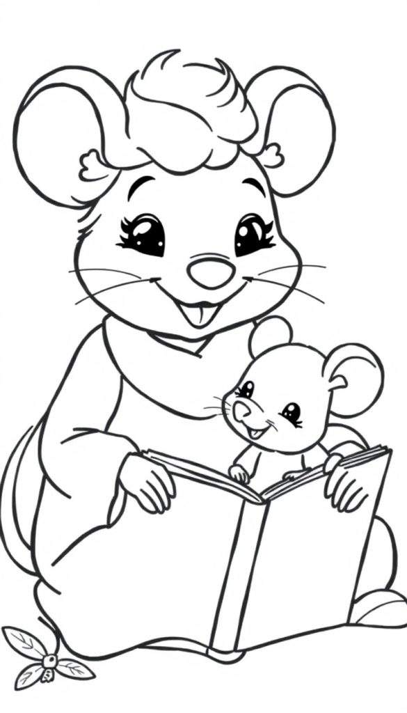 Kleurplaat van een lieve muizenoma die met haar kleinkind een boekje leest.