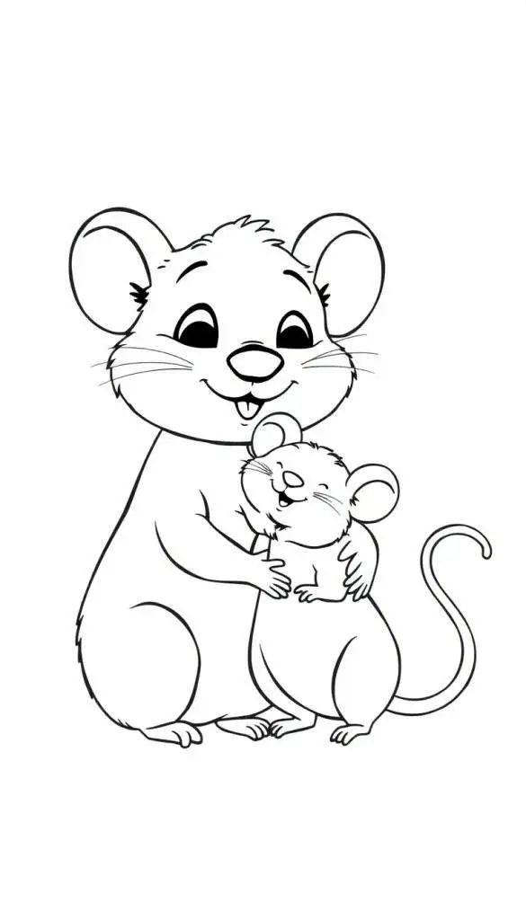 Kleurplaat van een lieve oma muis die een klein muisje knuffelt.