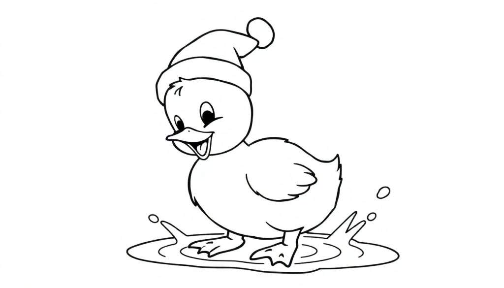 Een schattige cartoon-eend met een kerstmuts, staand in een plas water als een kleurplaat.