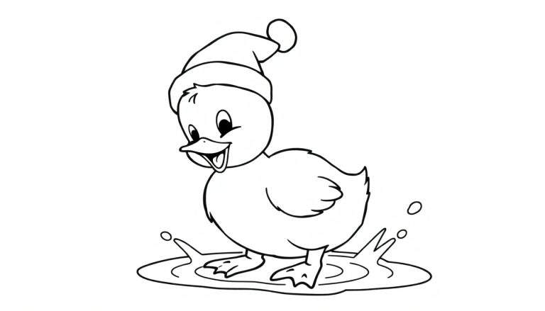 Een schattige cartoon-eend met een kerstmuts, staand in een plas water als een kleurplaat.