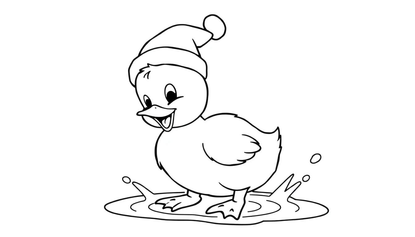 Een schattige cartoon-eend met een kerstmuts, staand in een plas water als een kleurplaat.