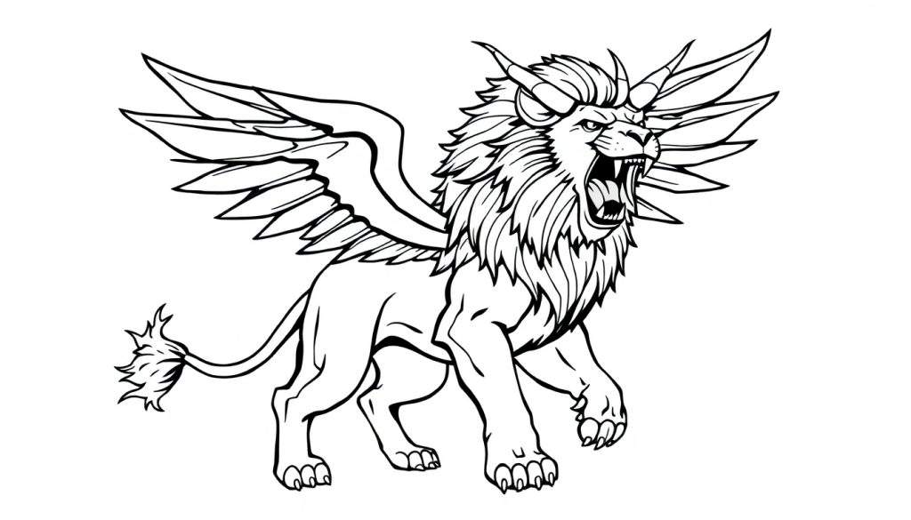 Kleurplaat van een brullende leeuw met vleugels en hoorns.