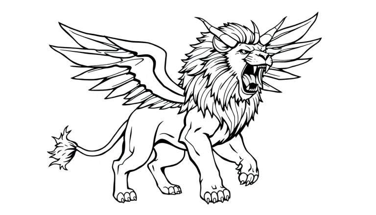 Kleurplaat van een brullende leeuw met vleugels en hoorns.