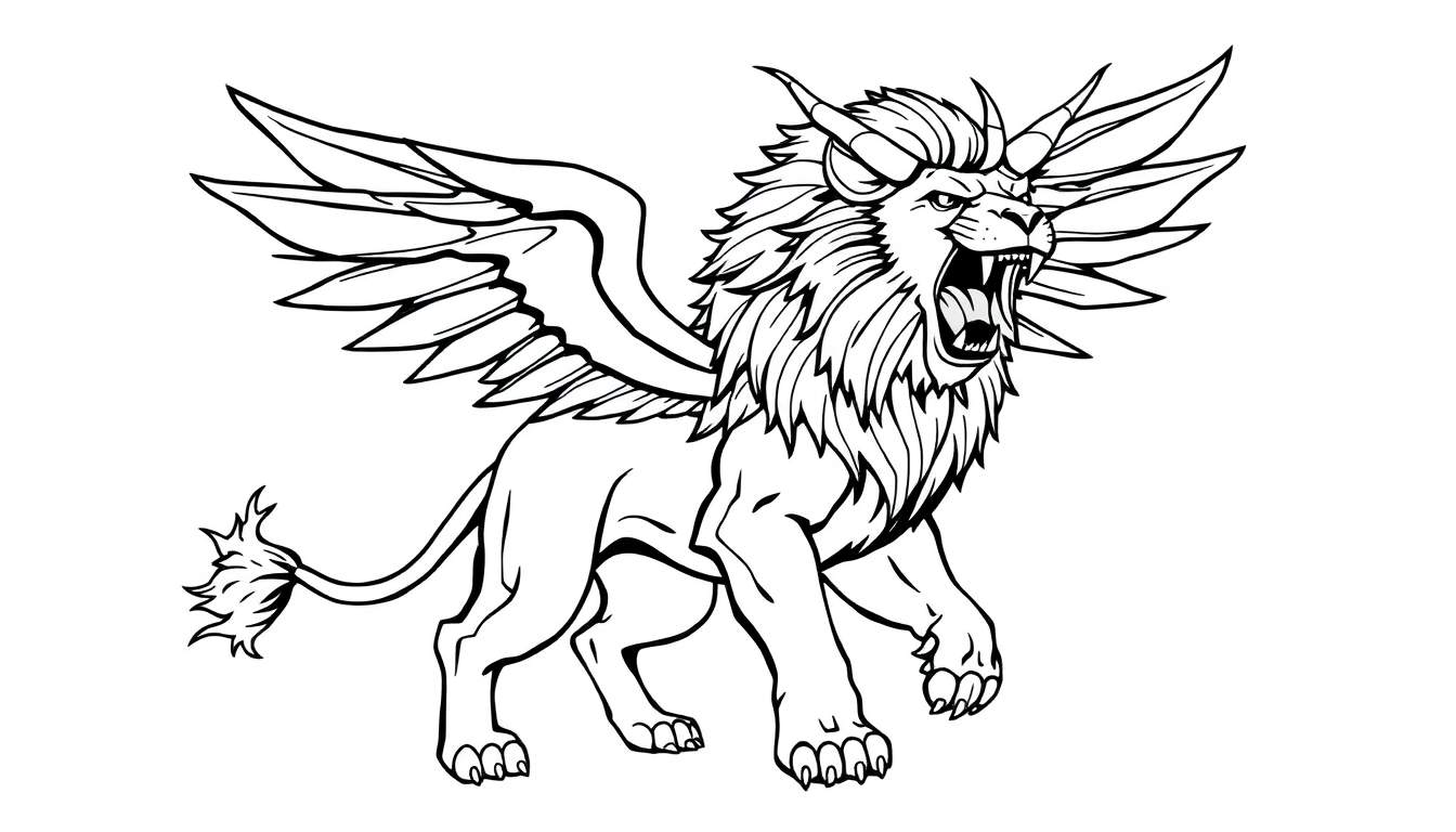 Kleurplaat van een brullende leeuw met vleugels en hoorns.