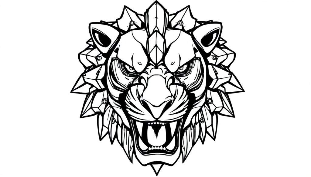 Zwart-witte kleurplaat van een futuristische robotleeuwenkop met een boze uitdrukking, geometrische vormen en scherpe tanden.