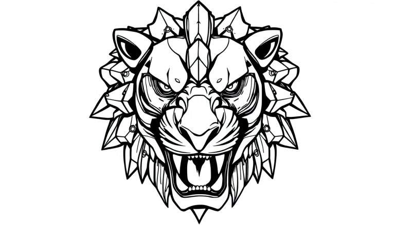 Zwart-witte kleurplaat van een futuristische robotleeuwenkop met een boze uitdrukking, geometrische vormen en scherpe tanden.