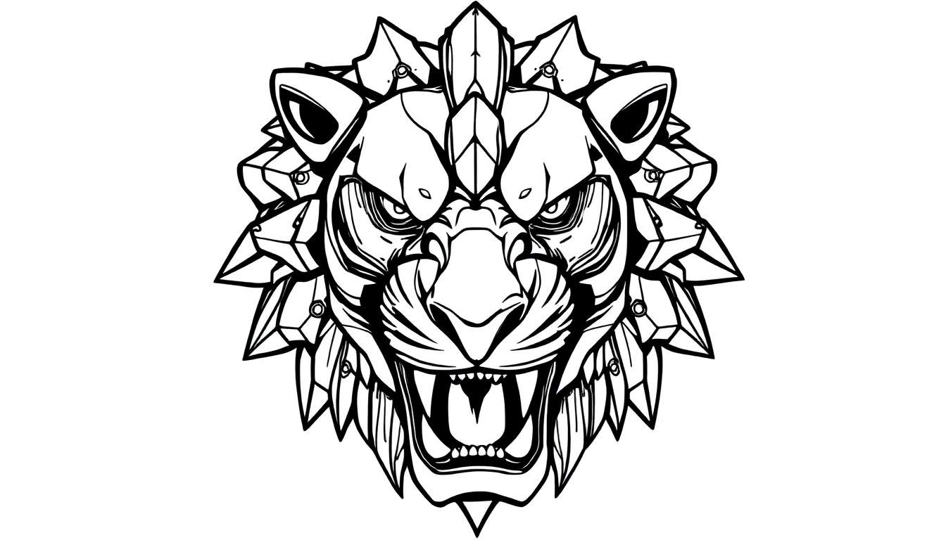 Zwart-witte kleurplaat van een futuristische robotleeuwenkop met een boze uitdrukking, geometrische vormen en scherpe tanden.