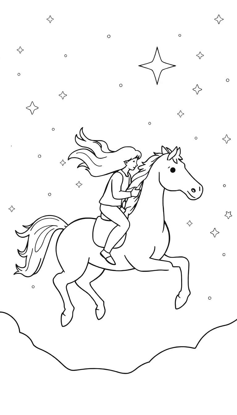 Kleurplaat van een meisje op een vliegend paard met sterren.