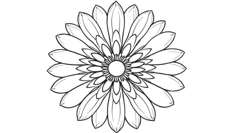 Een zwart-witte schets van een makkelijke bloemen mandala, klaar om ingekleurd te worden.