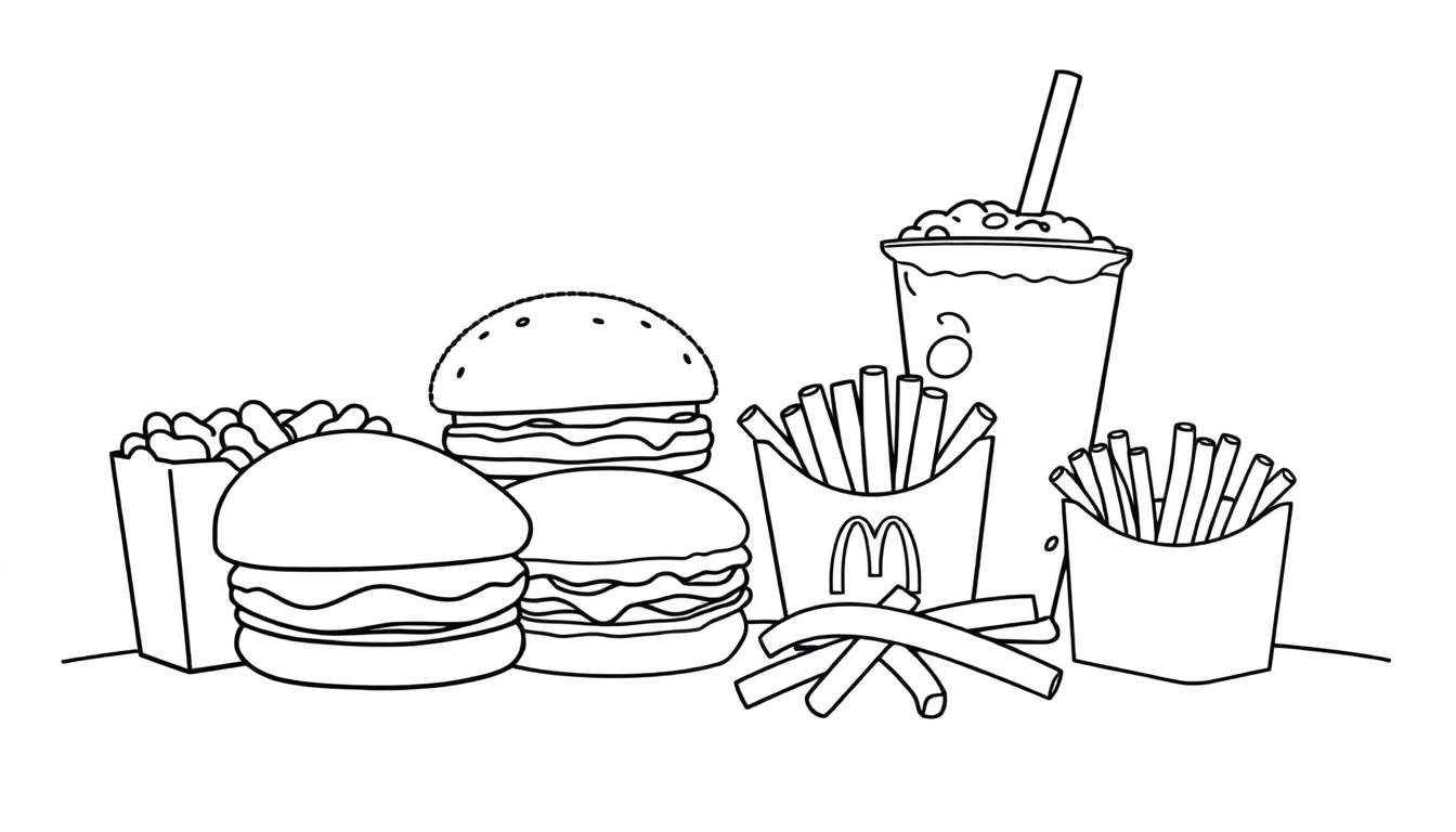 Kleurplaat van McDonald's fastfood met hamburgers, friet en milkshake.