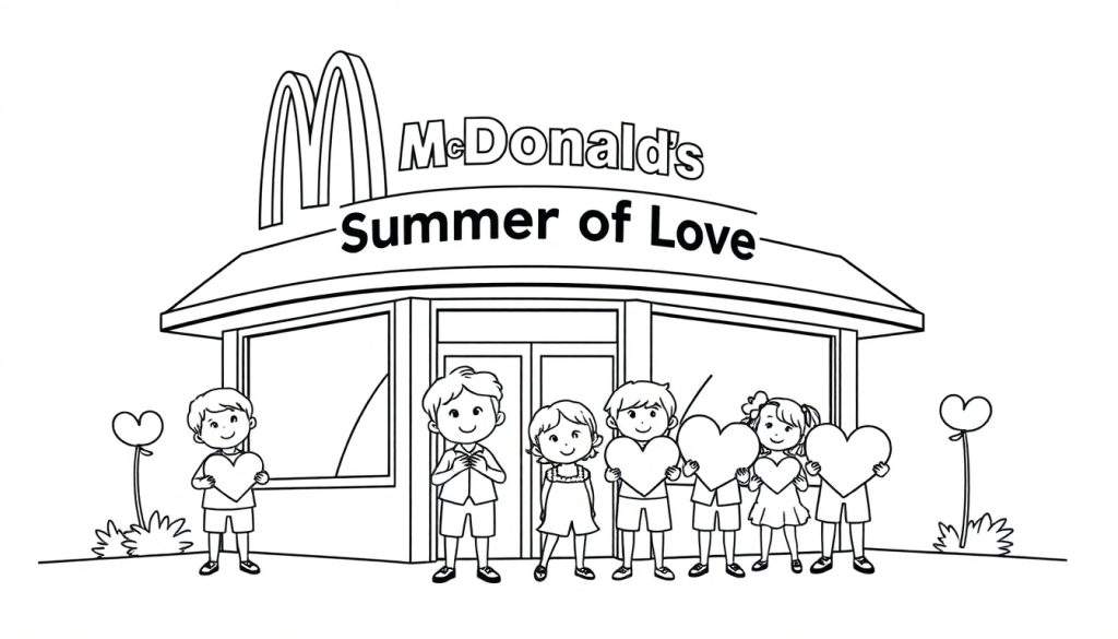 Kleurplaat van een McDonald's restaurant met 'McDonald's Summer of Love' tekst, blije kinderen met hartjes en hartvormige bloemen.