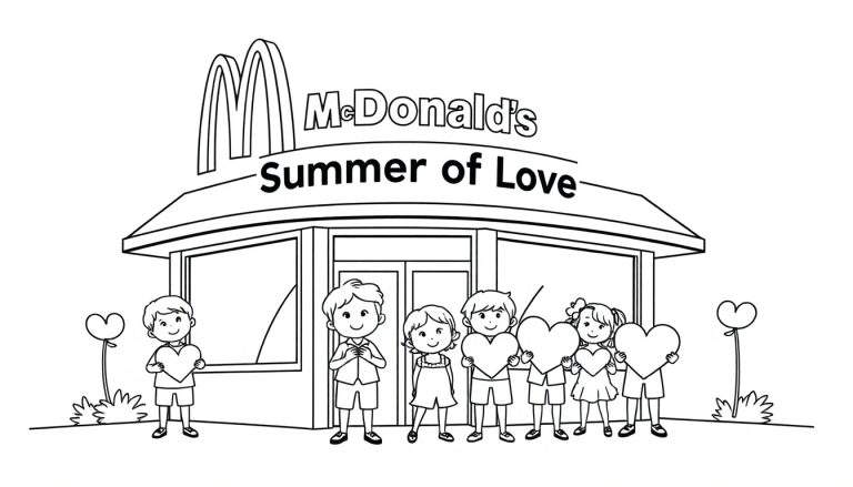 Kleurplaat van een McDonald's restaurant met 'McDonald's Summer of Love' tekst, blije kinderen met hartjes en hartvormige bloemen.