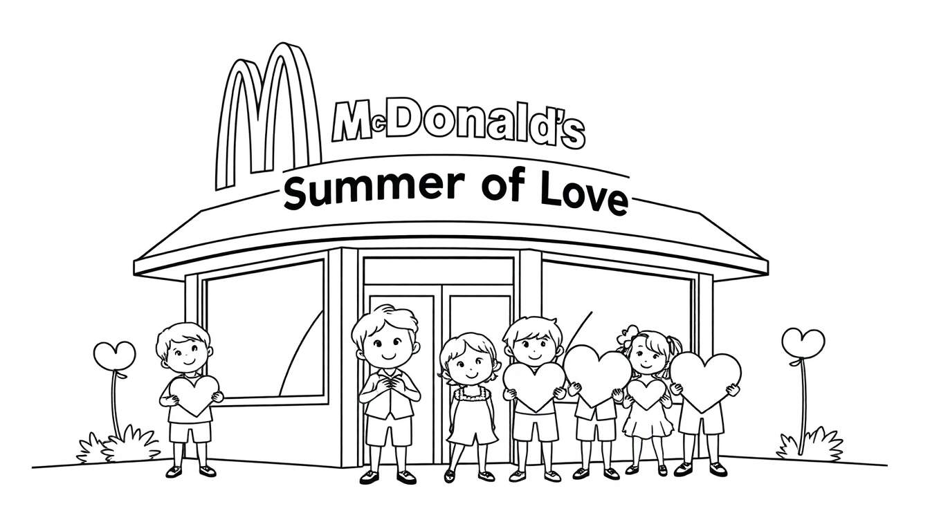 Kleurplaat van een McDonald's restaurant met 'McDonald's Summer of Love' tekst, blije kinderen met hartjes en hartvormige bloemen.