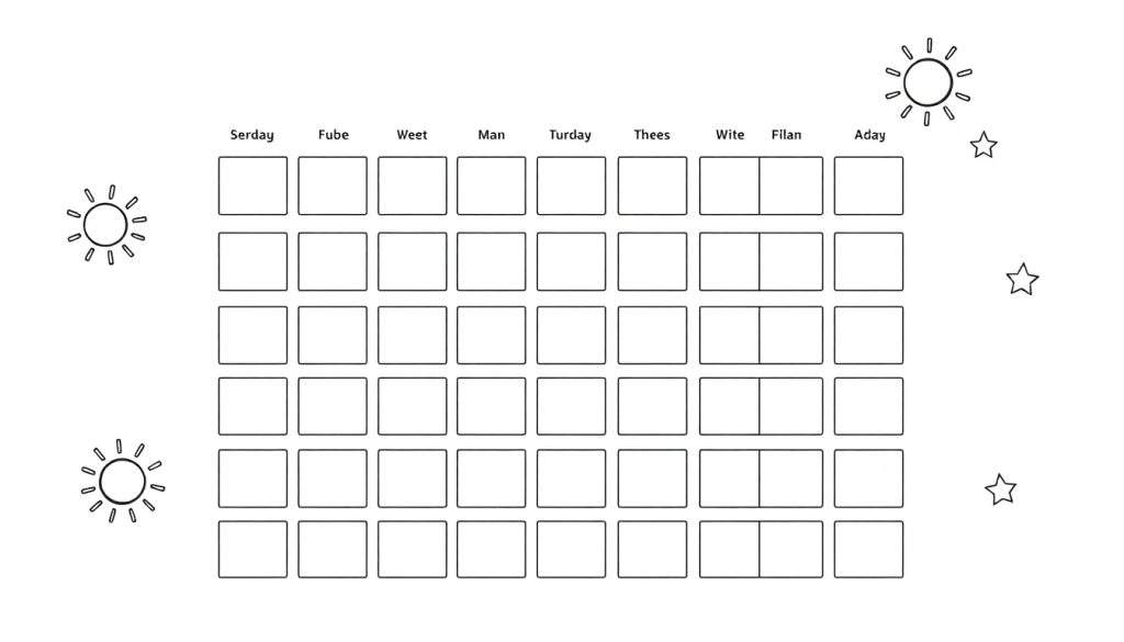 Een zwart-wit kleurplaat van een kalender met niet-standaard dagen van de week en lege vakjes om in te vullen.