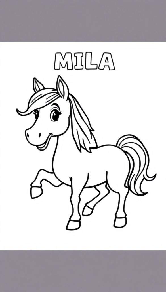 Een zwart-witte tekening van een lachend cartoonpaard genaamd Mila, klaar om ingekleurd te worden.