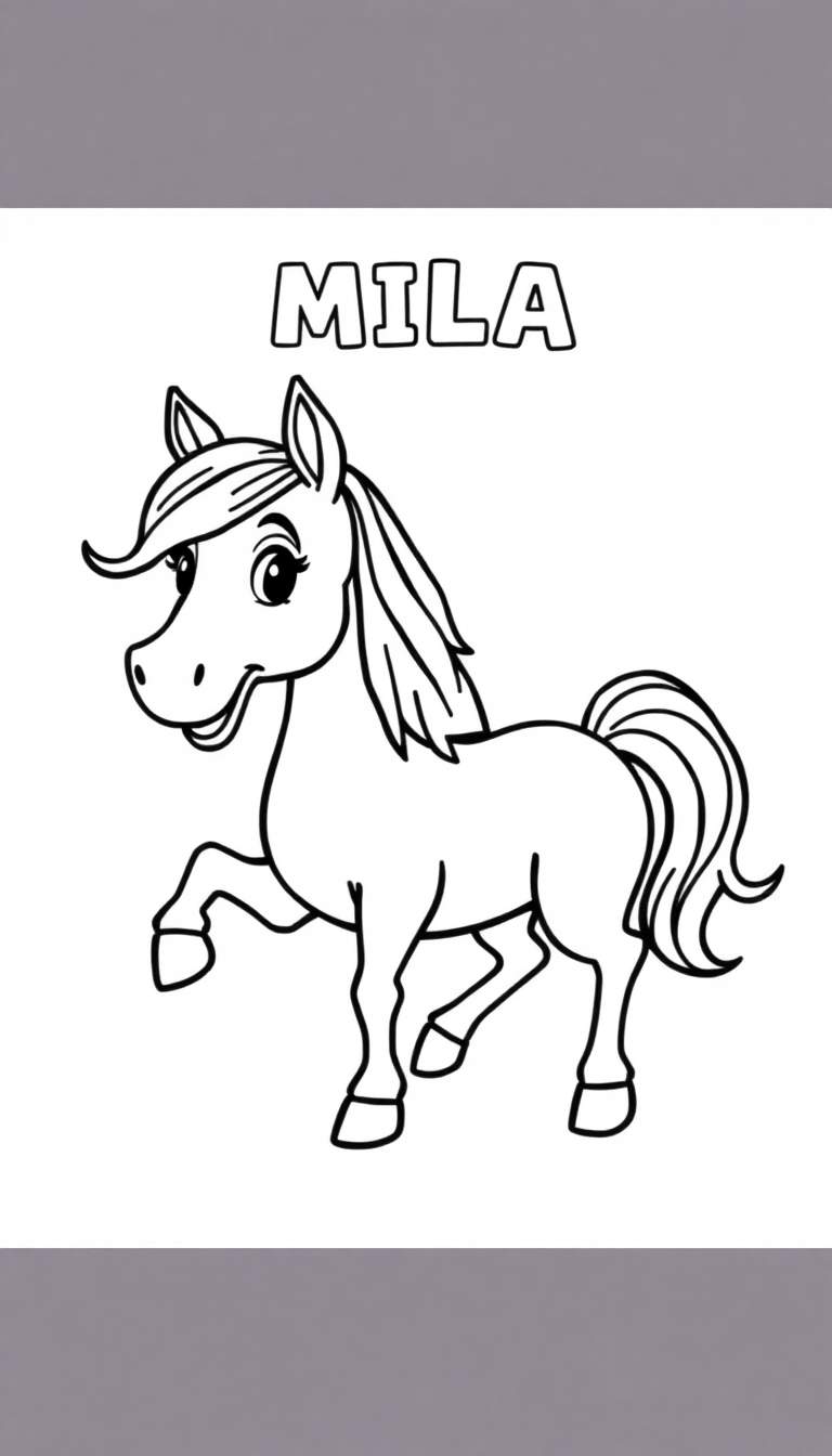 Een zwart-witte tekening van een lachend cartoonpaard genaamd Mila, klaar om ingekleurd te worden.