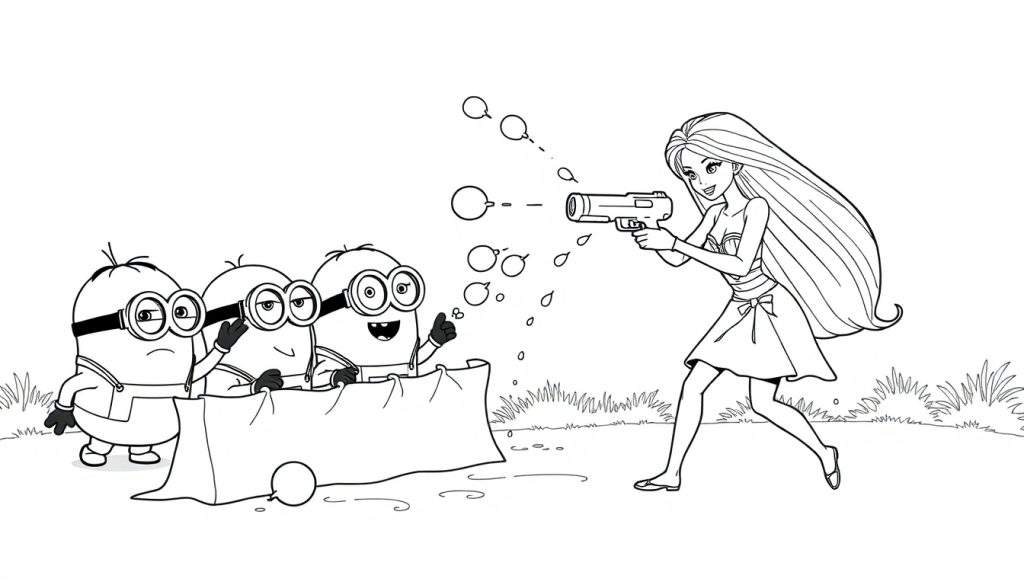 Kleurplaat van drie minions die zich verstoppen achter een muur, terwijl een vrouw met lang haar met een bubbelpistool op hen richt.