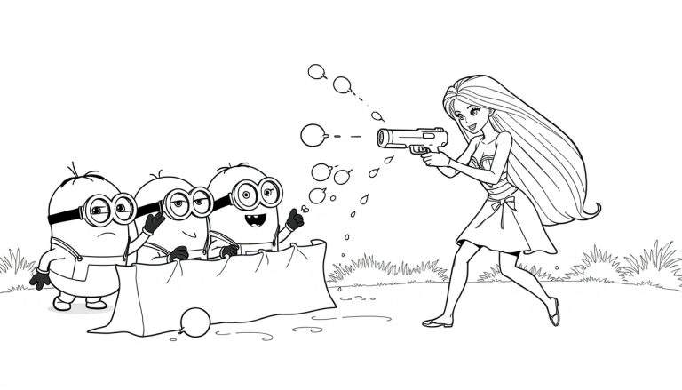 Kleurplaat van drie minions die zich verstoppen achter een muur, terwijl een vrouw met lang haar met een bubbelpistool op hen richt.