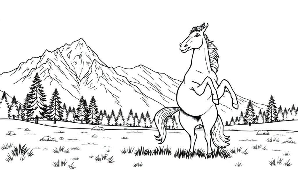 Kleurplaat van een steigerend paard met bergen op de achtergrond.