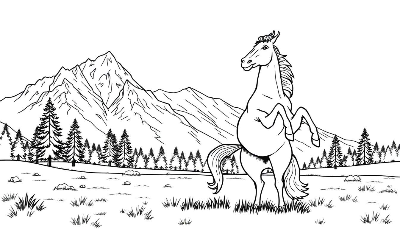 Kleurplaat van een steigerend paard met bergen op de achtergrond.