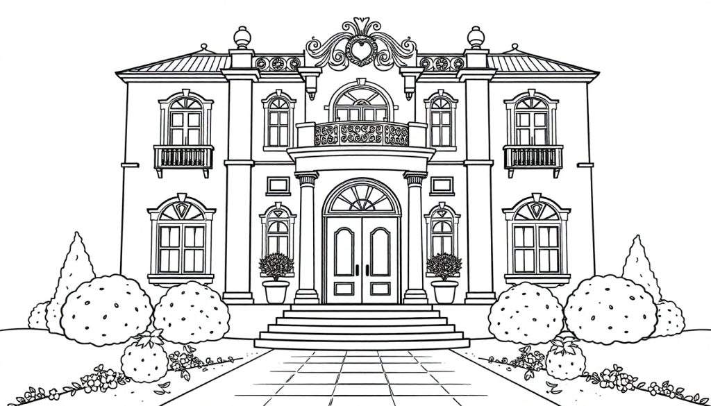Kleurplaat van een groot, mooi huis met een trap, struiken en bomen.