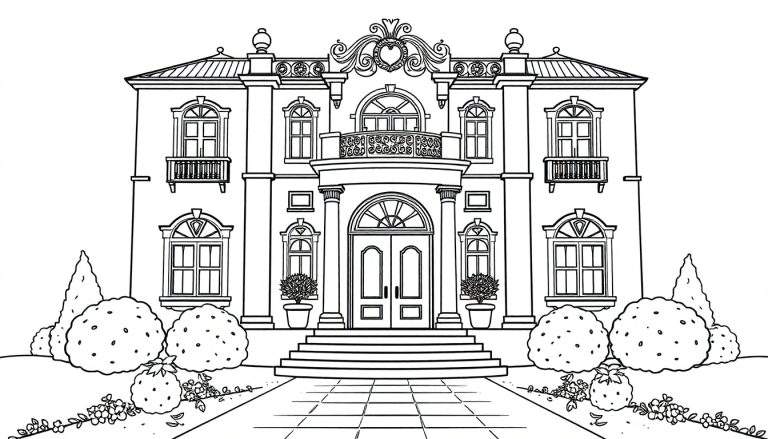 Kleurplaat van een groot, mooi huis met een trap, struiken en bomen.