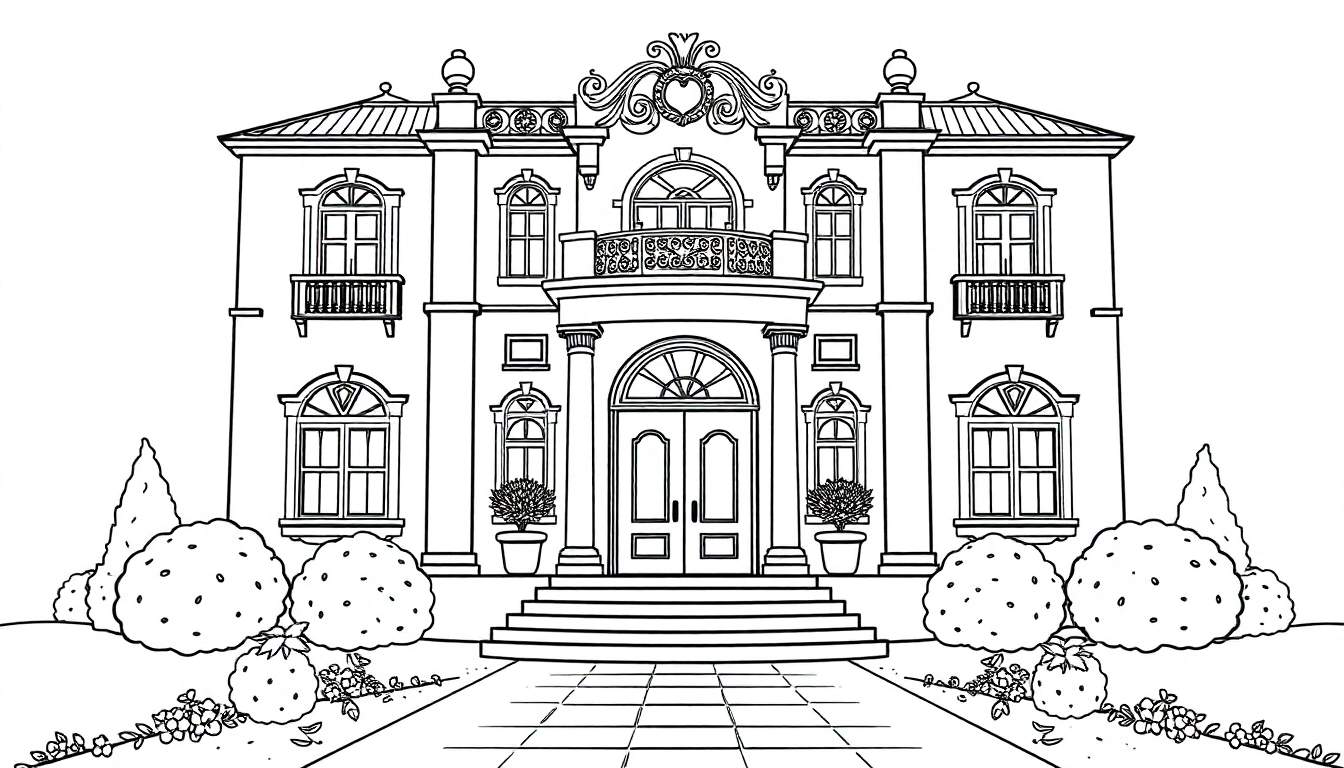 Kleurplaat van een groot, mooi huis met een trap, struiken en bomen.