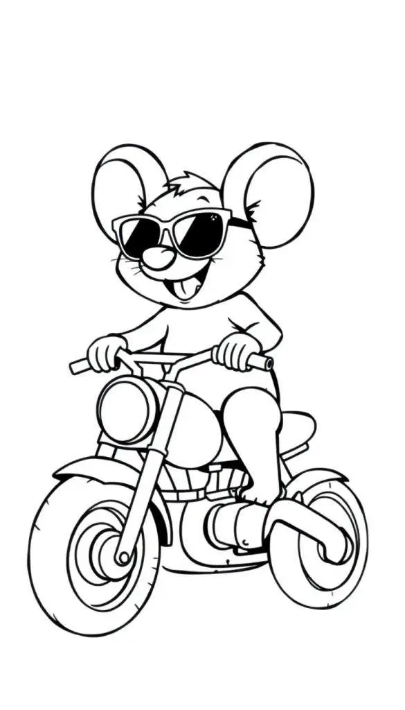 Kleurplaat van een muis op een motor met zonnebril.