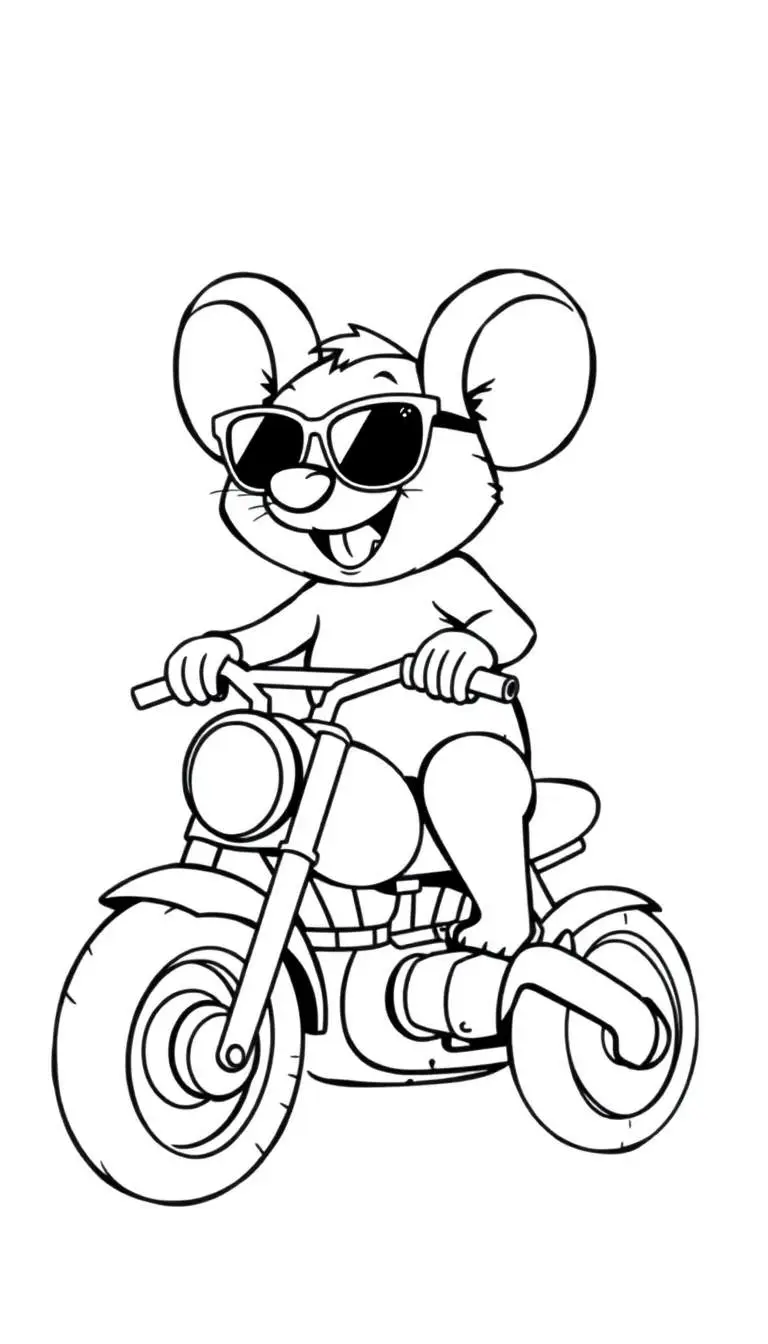 Kleurplaat van een muis op een motor met zonnebril.