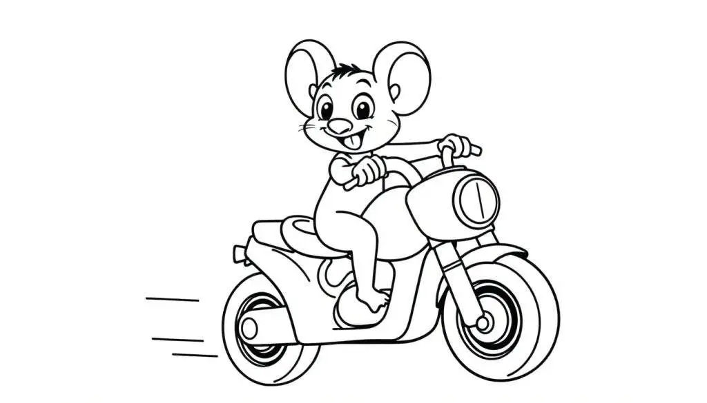 Vrolijke muis op een motorfiets, klaar om ingekleurd te worden als kleurplaat.