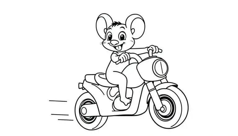 Vrolijke muis op een motorfiets, klaar om ingekleurd te worden als kleurplaat.