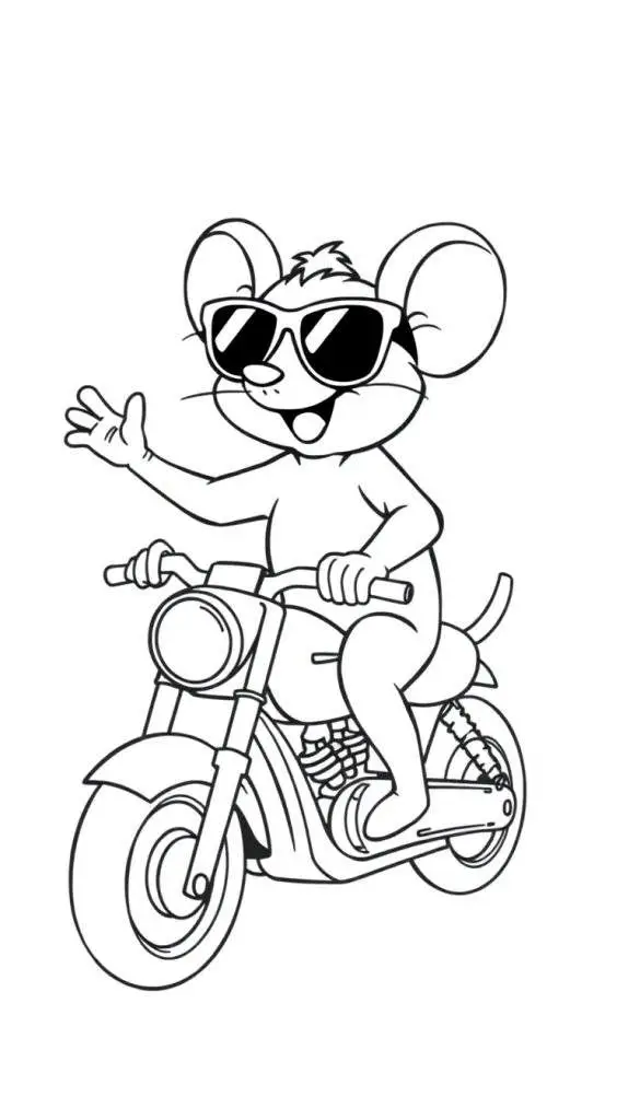 Kleurplaat van een muis op een motor.