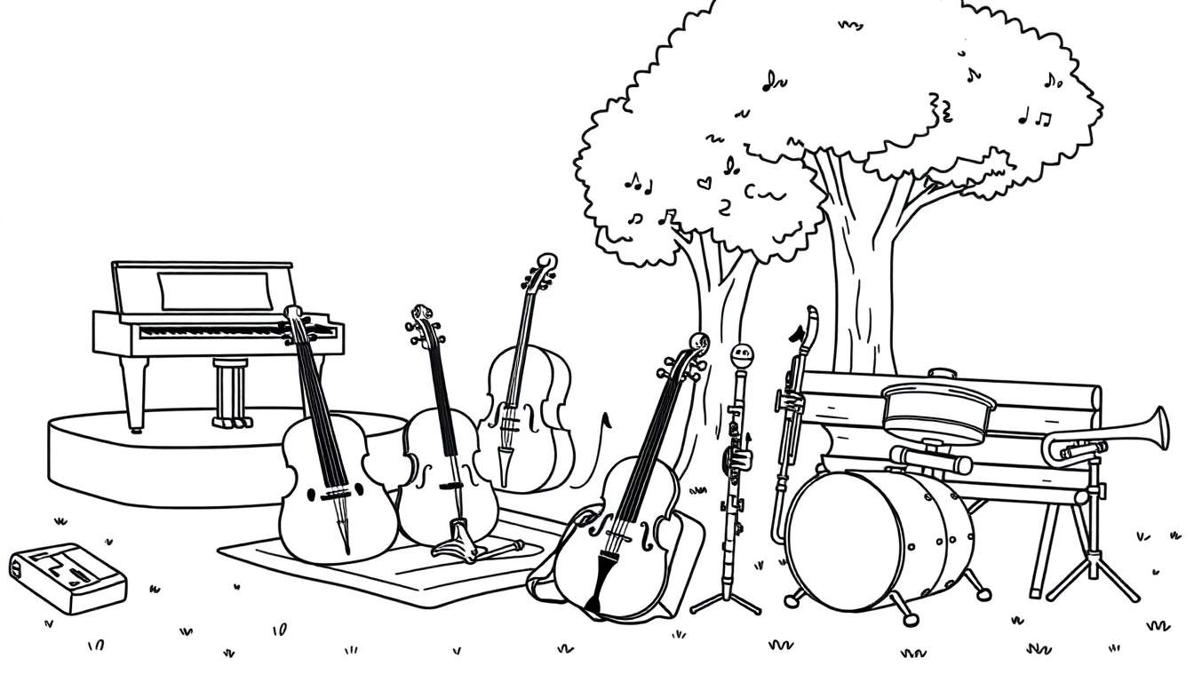 Een zwart-wit kleurplaat van een parkpicknick met veel muziekinstrumenten.