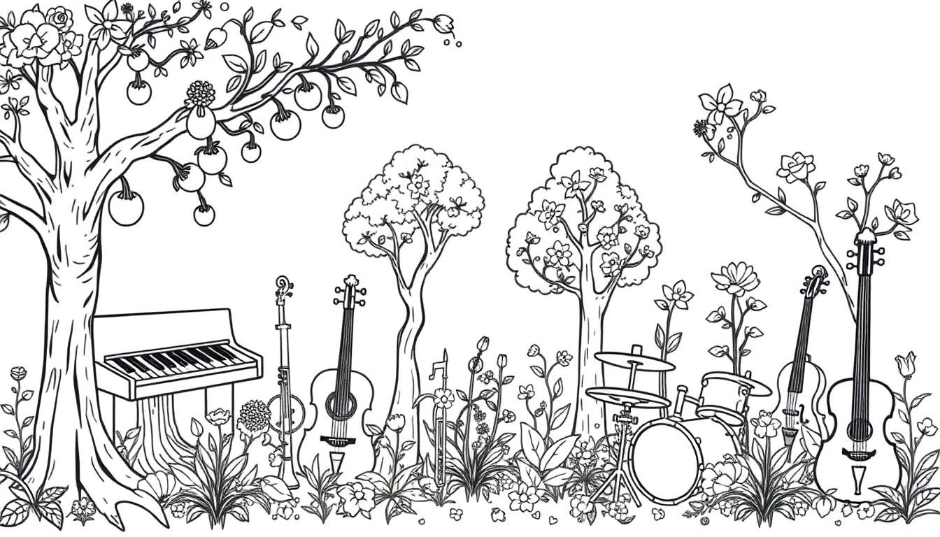 Kleurplaat van een muzikale tuin met piano, gitaren, violen en drumstel tussen bloemen en bomen.