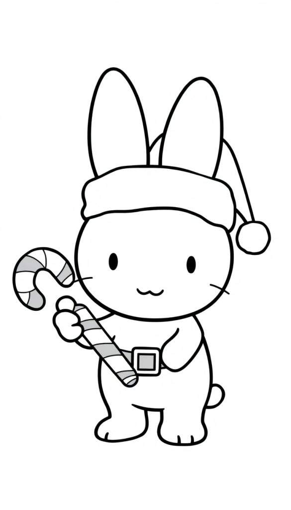 Een schattige zwart-witte kleurplaat van Nijntje met kerstmuts en een zuurstok.