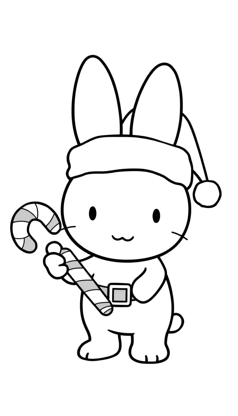 Een schattige zwart-witte kleurplaat van Nijntje met kerstmuts en een zuurstok.