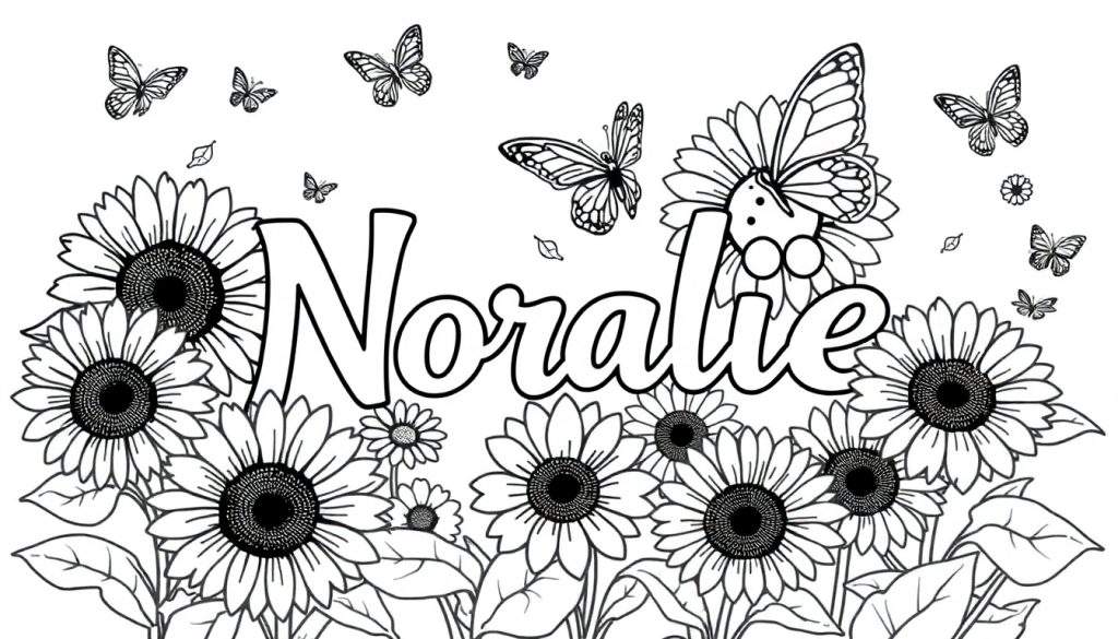 Zwart-wit zomerse kleurplaat met zonnebloemen, vlinders en de naam Noralie.