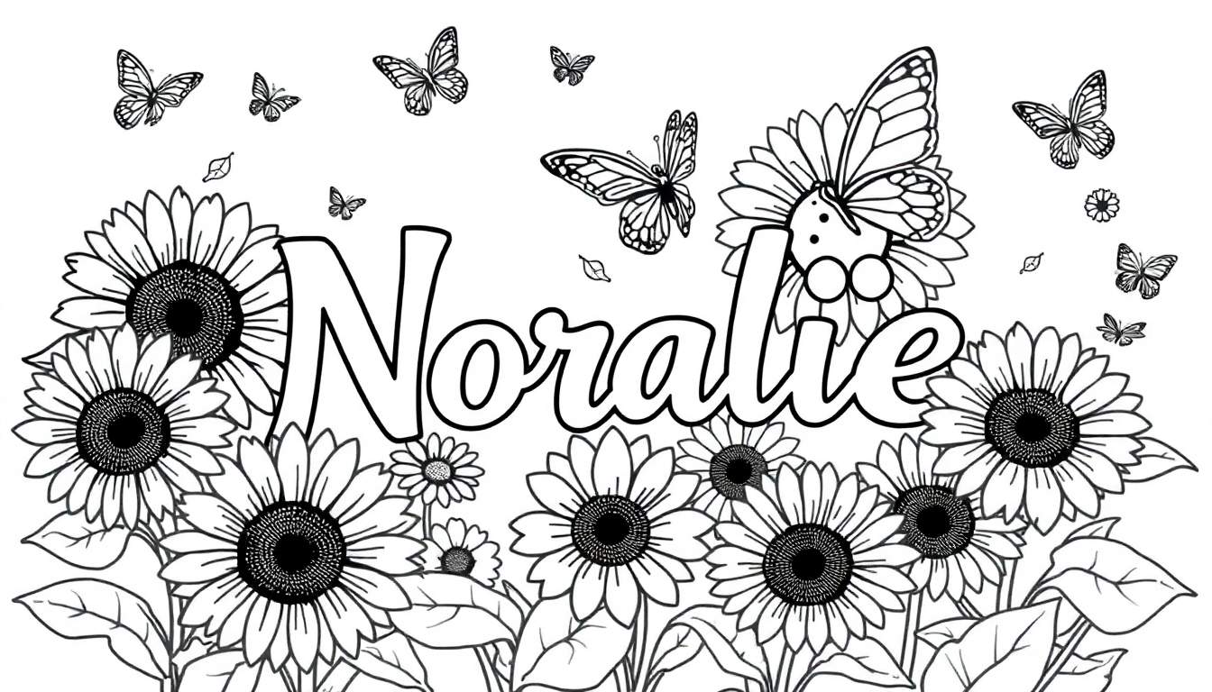 Zwart-wit zomerse kleurplaat met zonnebloemen, vlinders en de naam Noralie.