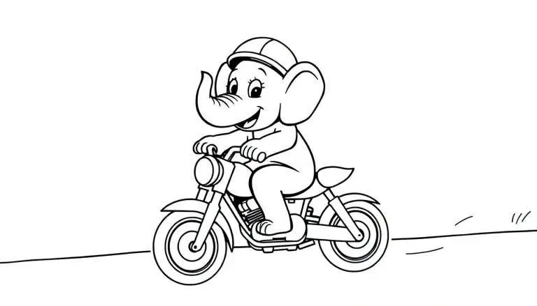 Een zwarte-witte kleurplaat van een blije olifant op een motorfiets, met een helm en snelheidssymbolen.