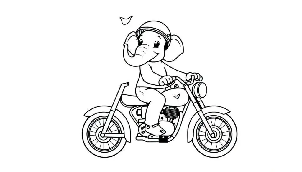 Kleurplaat van een lachende olifant op een motor met helm.