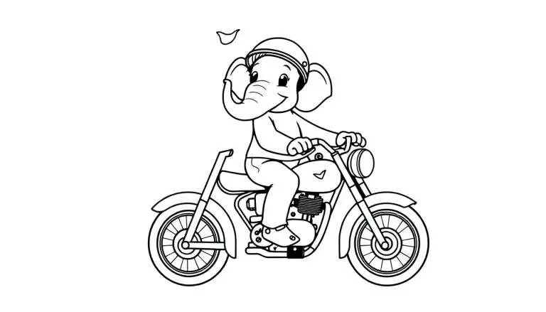 Kleurplaat van een lachende olifant op een motor met helm.