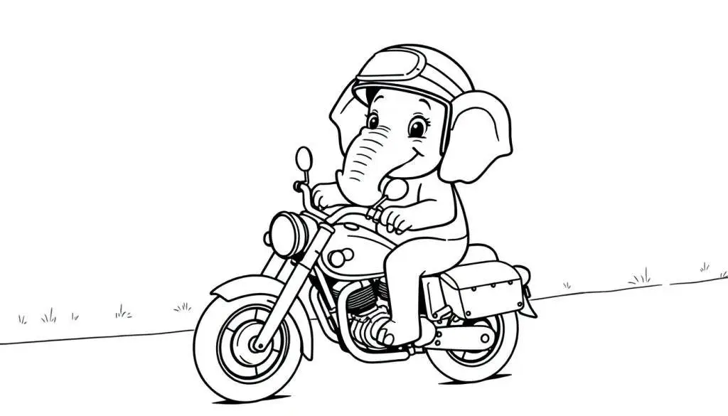 Kleurplaat van een cartoon olifant op een motor.