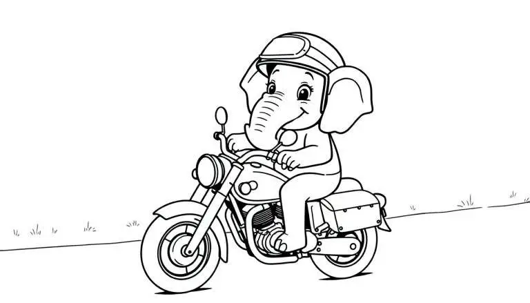 Kleurplaat van een cartoon olifant op een motor.