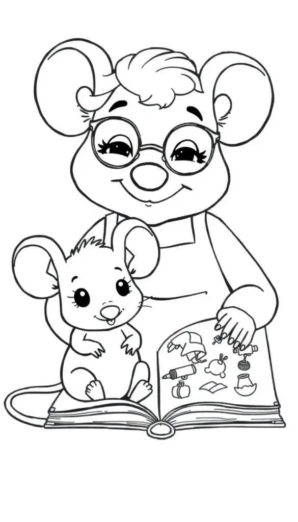 Kleurplaat van een lieve oma muis en haar kleinkind die samen een boekje lezen.
