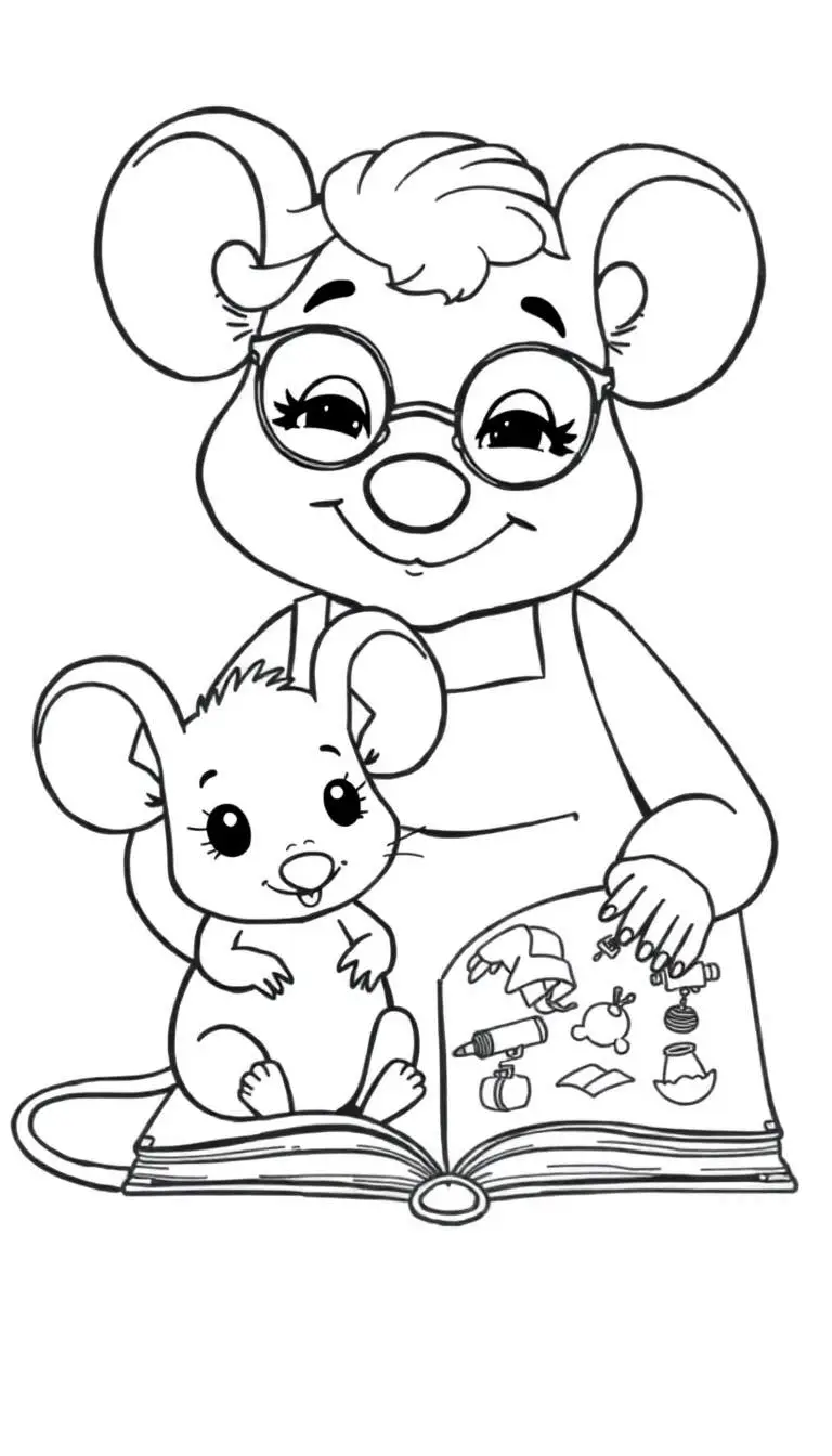 Kleurplaat van een lieve oma muis en haar kleinkind die samen een boekje lezen.