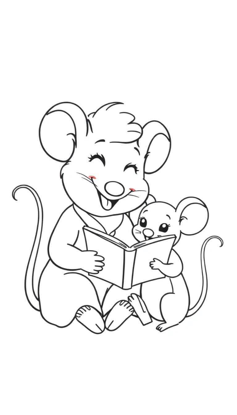 Kleurplaat van een oma muis en kleinkind die samen een boek lezen.