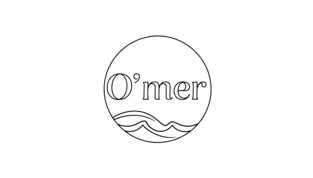 Zwart-wit logo van O'mer met golven, geschikt als kleurplaat.